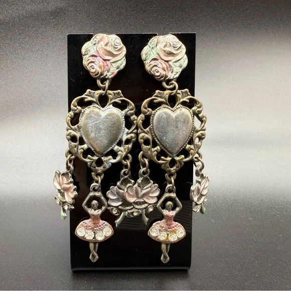 Vintage Banana Bob RARE Heart Rose Ballerina Rhinestone Dangle Earrings 3” drop - Picture 2 of 5